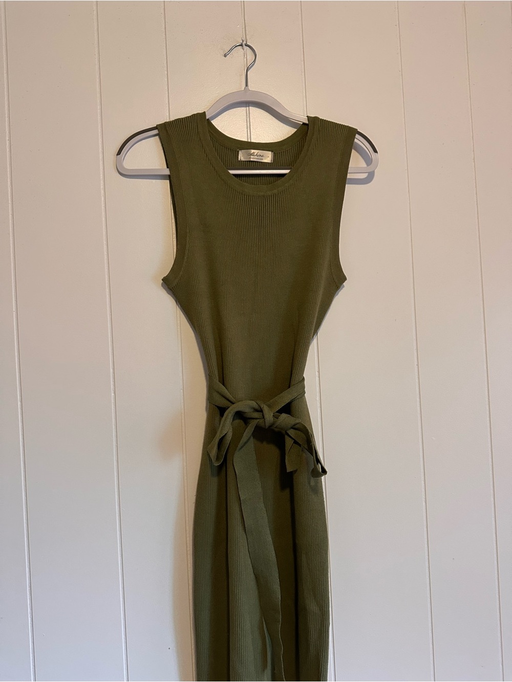 Mahina Size L Sleeveless Ribbed Belted Midi Dress Bodycon - Olive